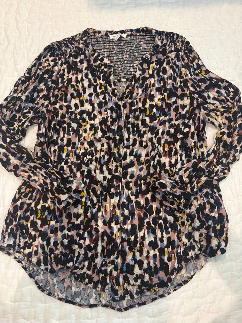 beachlunchlounge Button-Front Blouse in Black, Pink, Blue & Yellow Print